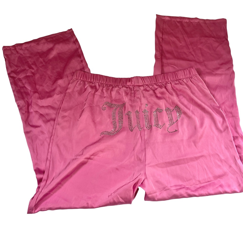 Juicy Couture Pink Satin Rhinestone Logo Pajama Pants Wide Leg Sleepwear Large